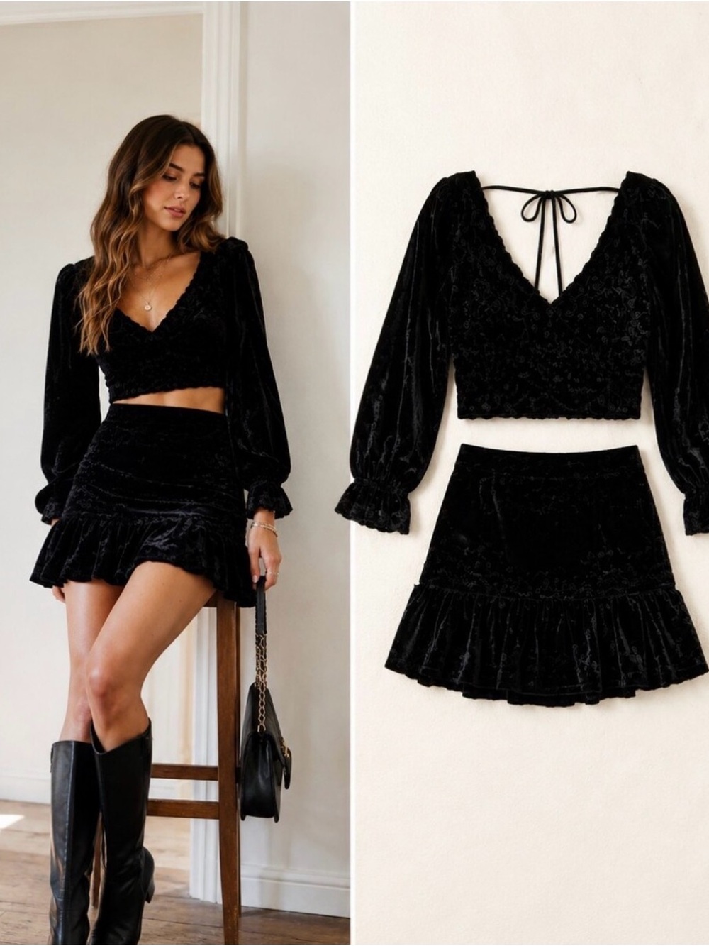 NWT Free People velvet smocked two-piece mini skirt and top set.